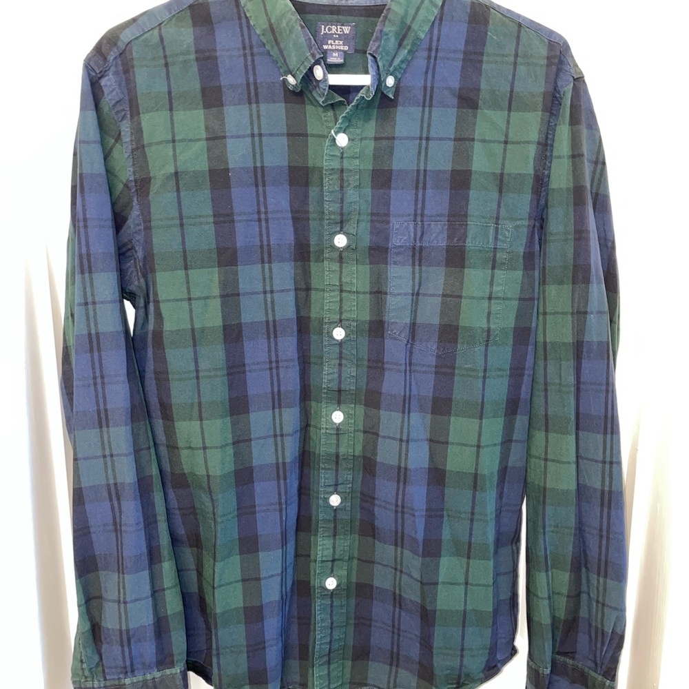 J. Crew Men's Blue and Green Checkered Shirt